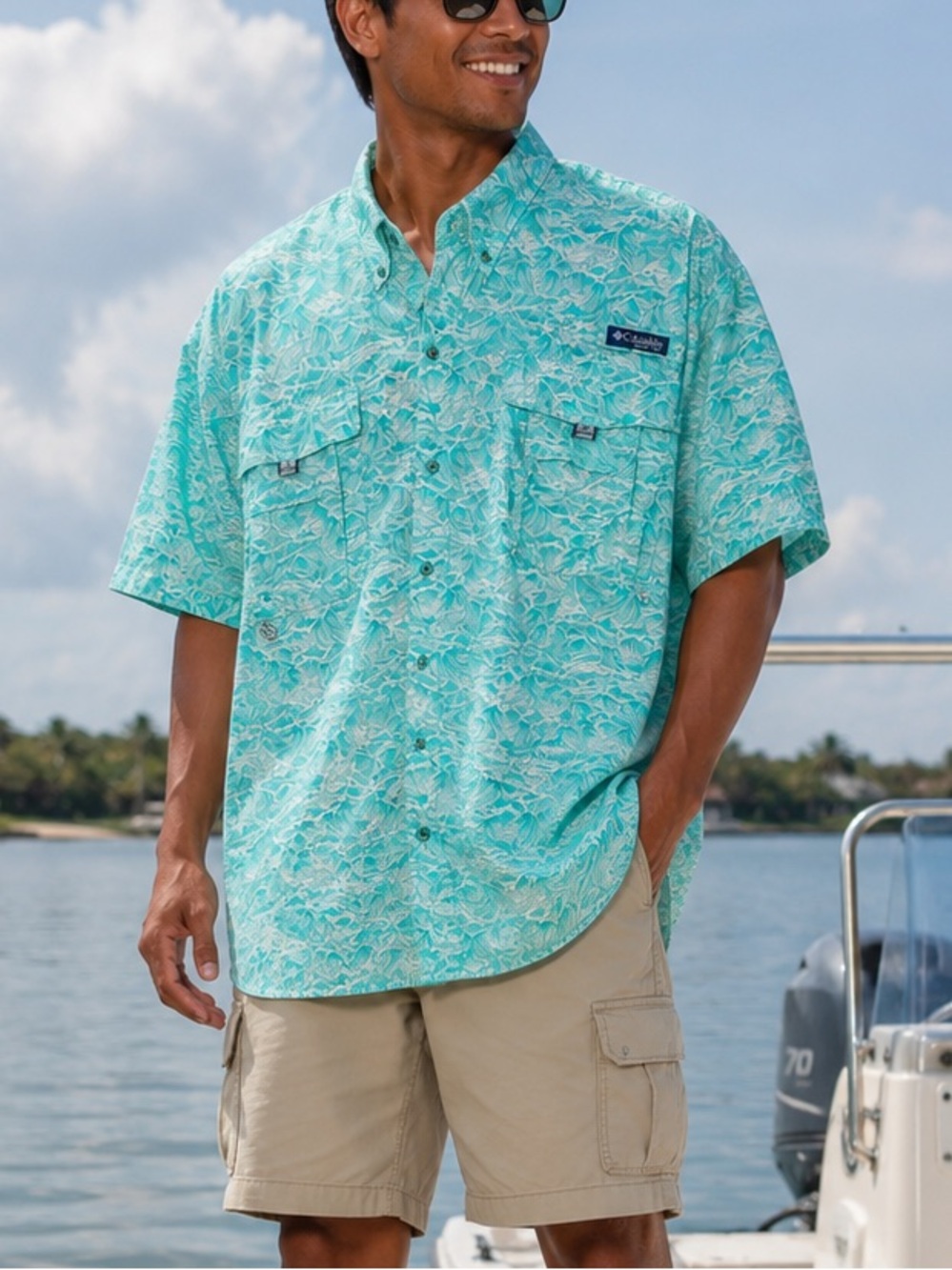 Columbia PFG Super Bahama Fishing Shirt Teal Wave Print Omni-Shade Mens XXL